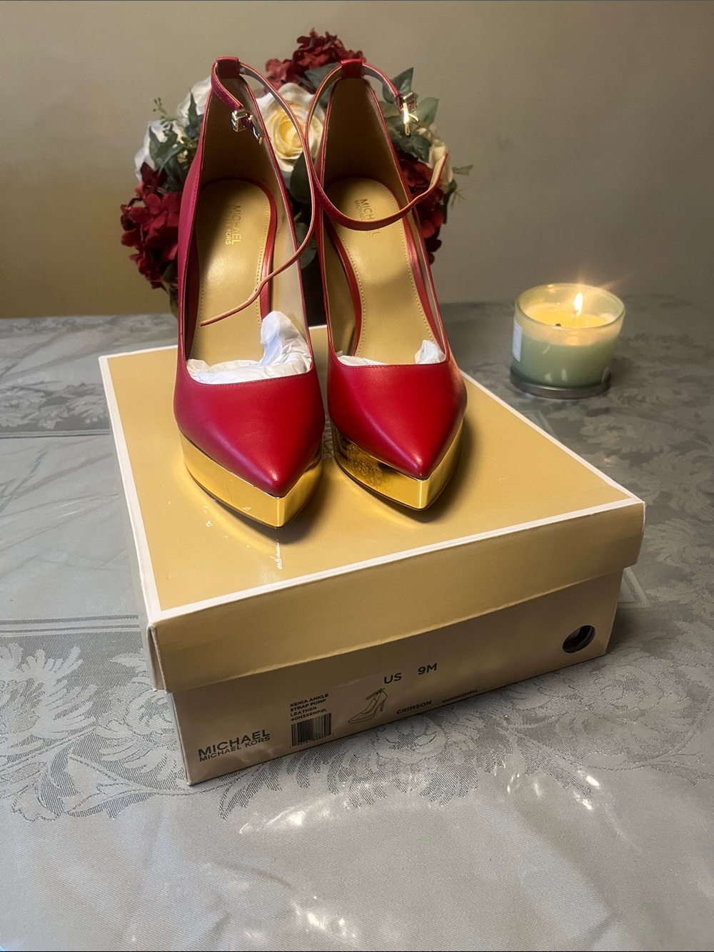Michael Kors Women's Red Pointed-Toe Mary Jane Heels with Gold Platform(new) - Picture 4 of 8